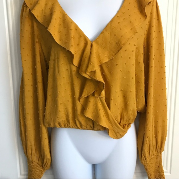 Lulus Women’s S Mustard Swiss Dot Ruffle Long Puff Sleeve Smocked Wrist Top EUC - Picture 7 of 16